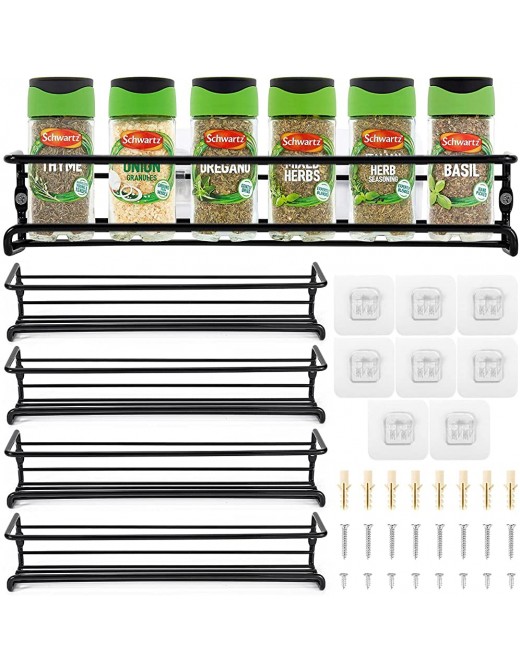 Vinsani Black Spice Racks Organiser – 4 Tier Flexible Herb & Spices Wall Mounted Hanging Storage Rack with Adhesive Stickers & Screws – for Kitchen Walls Pantry Inside Cupboard Cabinet Door - B09G6T2X1RP