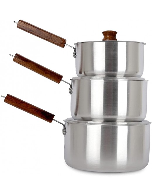 3 Piece 16cm 18cm & 21cm Aluminum Saucepans Sets Cooking Pots Set with Lid and Wooden Handle Cookware Set - B099Q3V3ZLY