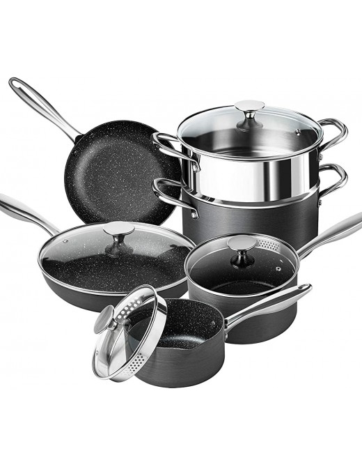 MICHELANGELO Pots and Pans Set 10 Pcs Pro. Hard Anodized Non Stick Cookware Sets with Stone Interior Non Stick Pots and Pans Set with Straining Lid & Pour Spout Pots and Pans Sets Non Stick 10 Pcs - B08CCB9DHTL