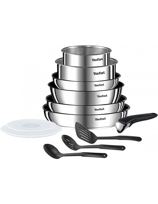 Tefal INGENIO Emotion 12 Piece Cookware Set Induction Frying Pans 22 26 28 cm + Saucepans 16 20 cm 1.5 L 3 L + 24 cm Sauté Pan + 2 Airtight Lids + 1 Handle + 3 Spatulas L948SC04 - B084FG9CQBZ