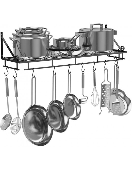 AcornFort® K-1125 Black Metal 90 CM Kitchen Cooking Pot Rack Stand Wall Mounted Pot Pan Saucepan Racks Utensils Hanging Shelf With 10 Hooks - B08RYR816RI