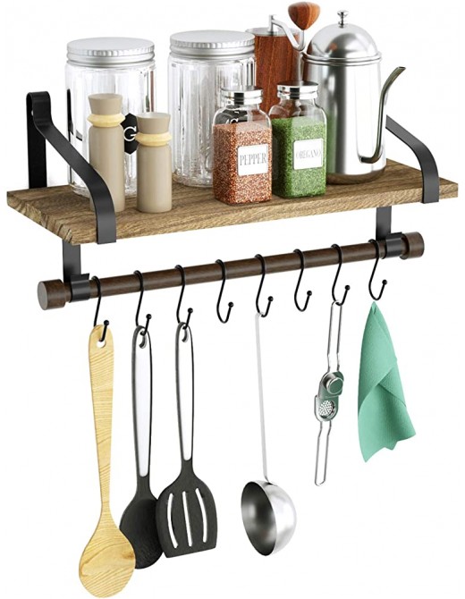 Love-KANKEI Wall Shelves for Kitchen Rustic Wood Kitchen Organizer with Wood Rail and 8 Removable Hooks for Organize Cooking Utensils Multi Use as Spice Rack or Bathroom Shelf Carbonized Black - B07GBSZKH5D