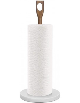 Flexzion Paper Towel Holders 14 inch Kitchen Roll Dispenser Stand Rack w 6" Marble Weight Base and Natural Acacia Wood Stick Pole for Countertop Tables Home Dining Bathroom Storage Marble White - B08D6T63RYZ
