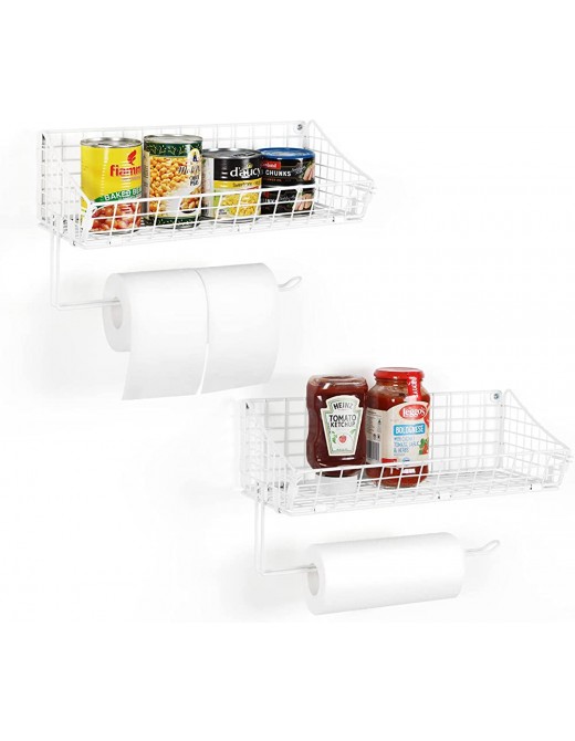 UOMIO 2 Packs Kitchen Paper Towel Roll Holders with Shelf Sturdy Wall-Mounted ​Spice Storage Basket Organiser Racks for Toiletries and Towels for Bathroom White Metal - B09JVG324ML