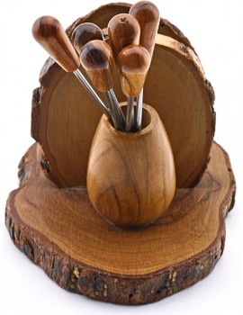 ART ESCUDELLERS Olive wood NAPKIN AND FORK HOLDER with 6 cocktail sticks handmade and perfect for aperitif. 5,31" x 3,94" x 3,35" - B072BXBXP2Z
