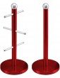 Almineez Set of 2 Stylish 6 Cup Mug Tree Stand & Kitchen Towel Paper Roll Pole Holder Set – Stainless Steel Coffee Tea Mugs Cups Drying Storage Rack Ruby Red - B08W3JRKW5C