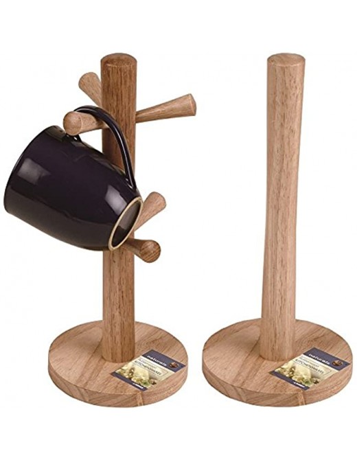 Deco Trading New Set of Wooden Lightweight & Strong Rubber Wood Kitchen Mug Tree 6 Cup Holder Mugtree Stand & Kitchen Towel Paper Roll Holder Stand - B00YUONPLSG