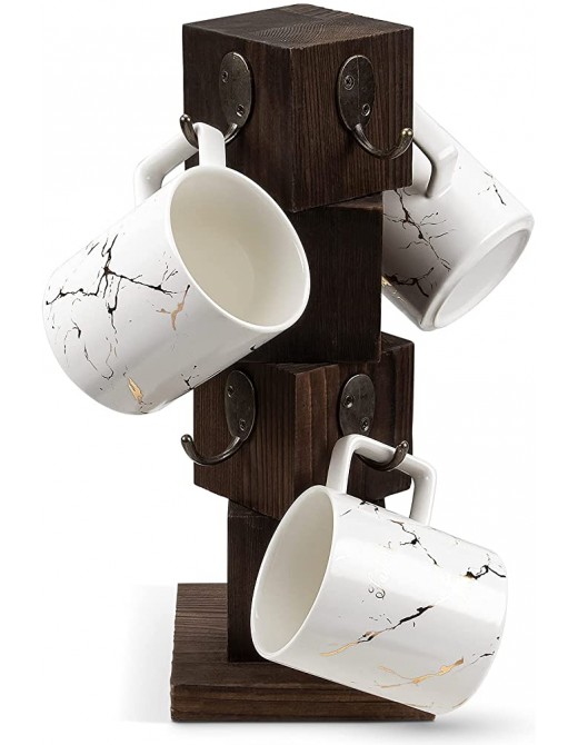 PUERSI Coffee Mug Holder for Counter Rustic Solid Wood Mug Tree Farmhouse Wooden Coffee Cup Rack Distressed Mug Stand with 8 Hooks Rustic Brown - B0992DBV1MG