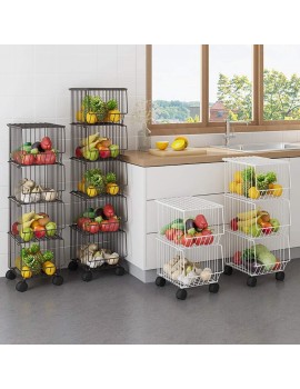 CarolynDesign 5 Tier Storage Basket Stand with Wheels and Cover Stackable Fruit and Vegetable Basket Stand Metal Wire Snack Organizer Shelf - B08FSXMM9YR