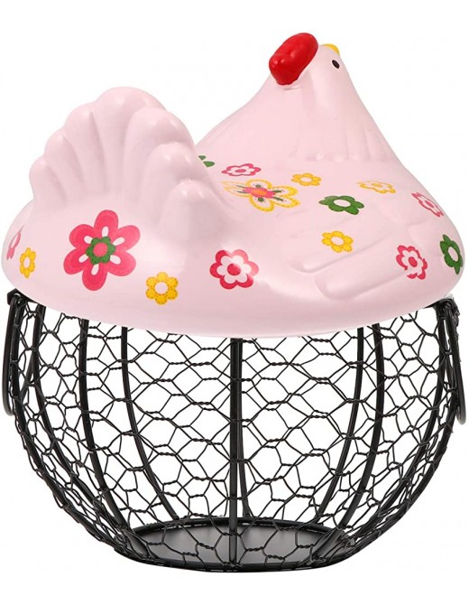 DOITOOL Egg Holder Organizer Pink Chicken Hen Figure Design Ceramic Egg Storage Basket Iron Basket Holds Eggs Case Container Egg Basket Holder Fruit Vegetable Holder - B08ZHCV5TPP