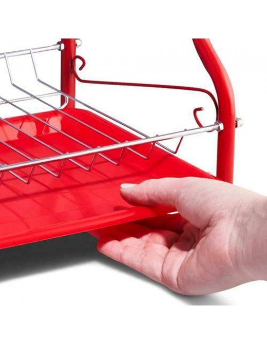 2 Tier Chrome Dish Drainer Cutlery Cup Plates Holder Sink Rack with Drip Removable Tray Stainless Steel Red - B09TFMBPZCL