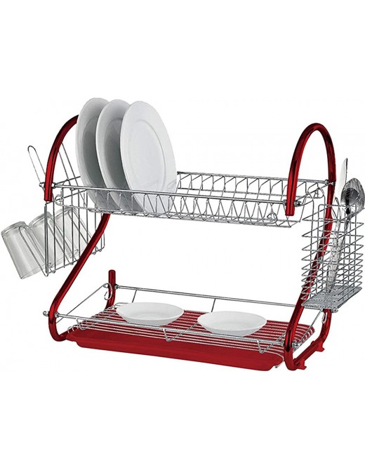 2 Tier Dish Drainer Rack Holder 18 for Plates Mug Cup Glass Cutlery Over The Sink Red - B07XFP4KXLH
