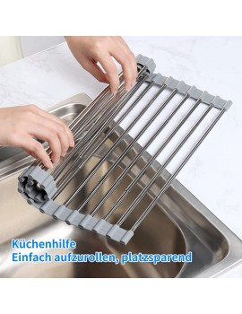 AIRUJIA Roll-Up Dish Drying Rack Expandable Over Sink Dish Rack Foldable Multi-Use Dish Drainers Draining mat with Non-Slip Silicone and Stainless Steel Heat Resistant 13''x11''~20'' Grey - B09WYGFGXVA