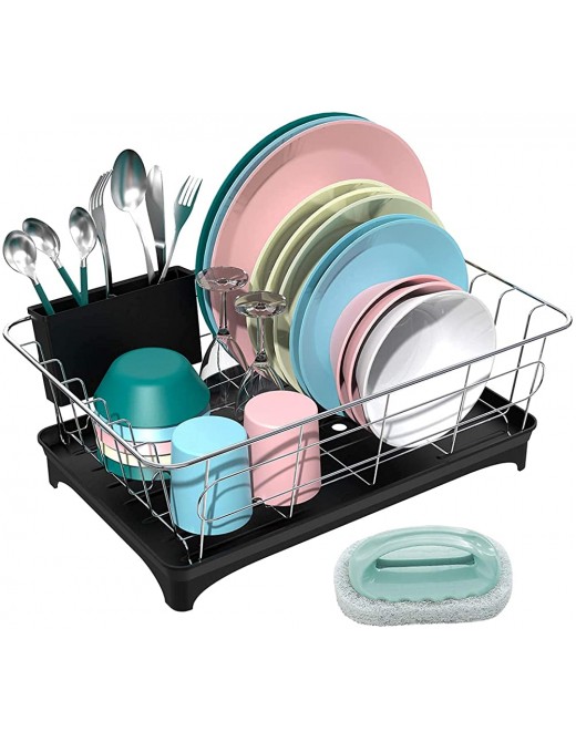ANTOWIN Dish Drying Rack Dish Drainer with Drip Tray Anti-Rust Frame Swivel Spout Large Storage Draining Board Design Removable Cutlery Holder for Kitchen Black with Dishwashing Brush - B08NYMMM4HP