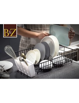 B&Z Black Wire Extra Large Dish Drainer Rack | Single Tier Rust Proof Heavy Duty Plastic Coated Spacious White Utensil Tray Cutlery Holder for Kitchen | Mat Black  48cm x 37.5cm x 11.5cm  - B093L94SG2O