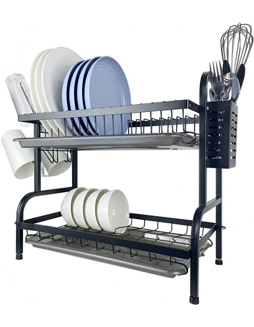 Craftsboys Dish Drainer Stainless Steel Dish Drying Rack with Drip Trays Cup Holder Utensil Hooks Kitchen Organizer Storage Rack 2 Tier - B09TP5SGNTW