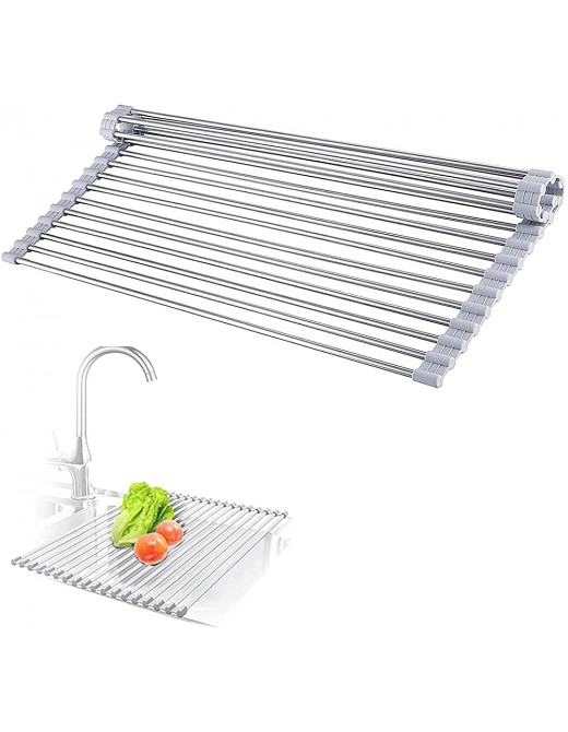 DIFCUL Roll Up Dish Drying Rack Over Sink Dish Rack Foldable Multi-Use Dish Drainers with Non-Slip Silicone and 304 Stainless Steel Pipe 43 x 32cm 16.9 x 12.6inch - B09JK5MJSRI