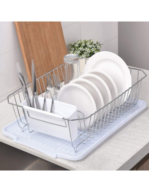 GLANZHAUS White Rust-Proof Kitchen Draining Dish Drying Rack,Dish Rack with White Drain Board,1 Wide Tableware Rack and Knife Holder Accessory,Dish Drainer Rack with Drip Tray - B09KRQFZM4W