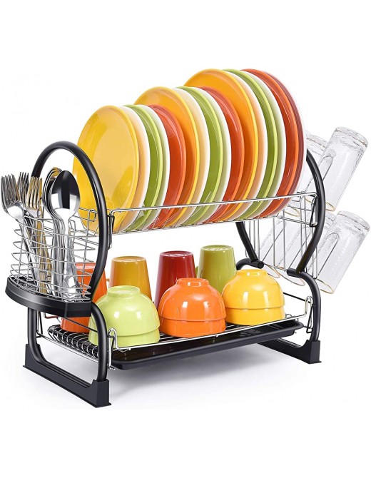 kingrack Dish Drainer,2-Tier Dish Rack,Easy Assemble Large Capacity Dish Drying Rack with Side Mounted Utensil Holder and Cup Holder Organizing Dishes Kitchen Counter Top or Sink Side - B08C56BV9JP