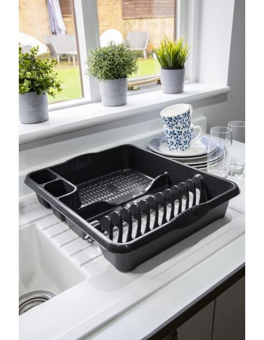 Large Dish Drainer Strong Plastic Holds up to 12 plates with two cutlery drainer Midnight Black 46.50 x 38.00 x 9.00 cm - B09V1Y8GVJA