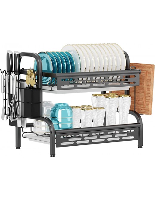 Manatees-Draining Board Rack with Drip Tray,2 Tier Black Dish Drainer Rack Kitchen Plate Drying Rack with Cutlery Drainer - B094JJ9G9QZ