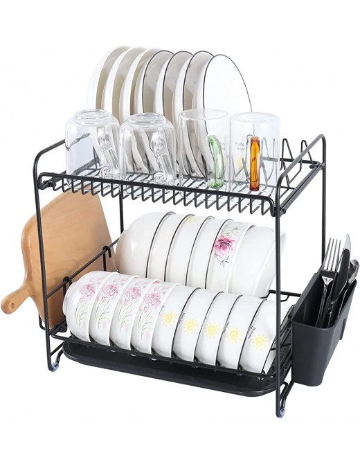 MAYZOLOP Double Dish Drainer Rack with Removable Drip Tray Anti-Rust Utensil Holder and Cup Holder with Hanging Hooks Chopping Rack for Kitchen Counter Organizer Storage - B09FT2SMT4I