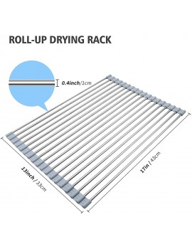Roll Up Dish Drying Rack Kitchen Over Sink Dish Drainer Sink Rack Foldable Multi-Use Dish Drainers with Non-Slip Silicone and 304 Stainless Steel Pipe 43cm x 35cm,Grey - B09DVDJGPNS