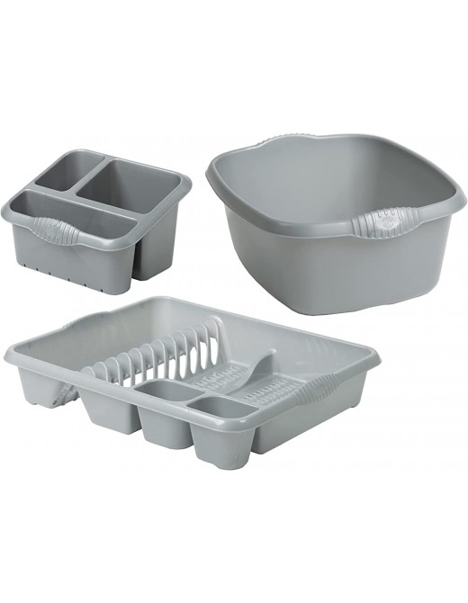 Silver Grey 3-Piece Kitchen Set Rectangular Washing Up Bowl Sink Tidy and Large Dish Drainer-Made in UK - B09Y92XZKJD
