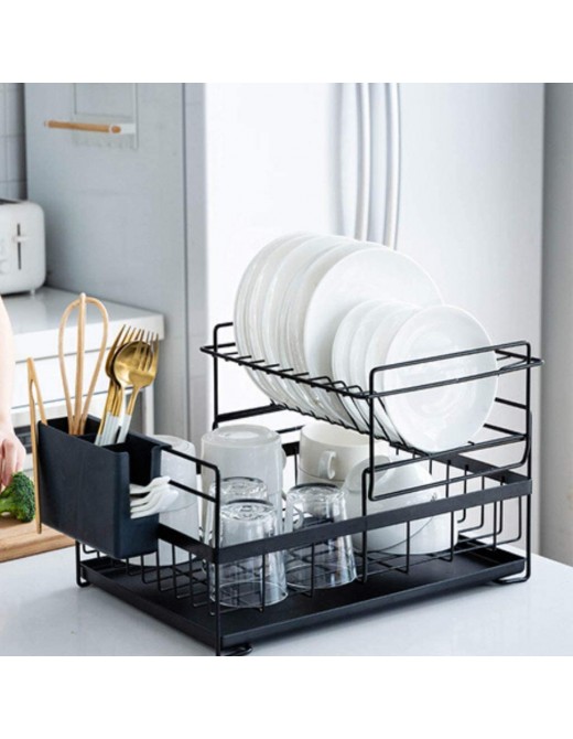 SUNFICON Kitchen Dish Drying Rack Dish Drainer 2 Tier Detachable Sink Dishes Dry Organiser Countertop Dish Draining Holder With Drip Tray Cutlery Utensil Holder RV Studio Small Flat 48×29.5×27cm Black - B07XCJTVD7K