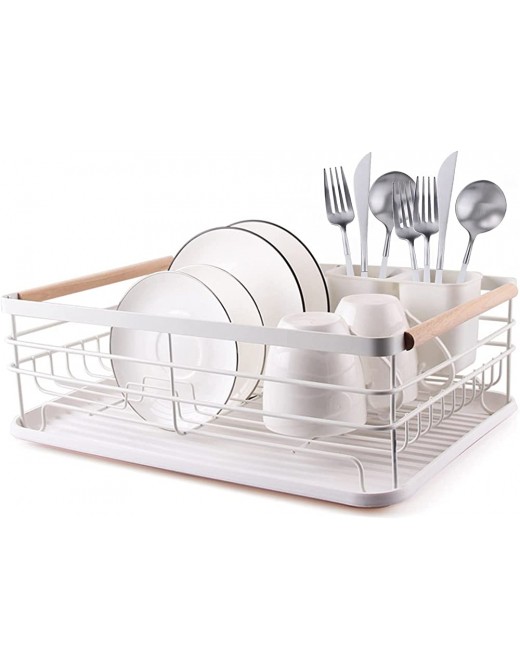 VINILITE Kitchen Compact Metal Dish Drainer with Removable Drip Tray Separate Cutlery Holder Anti-Rust Draining Board Dish Drying Rack with Wooden Handles for Kitchen Countertop White - B094F96QY5A
