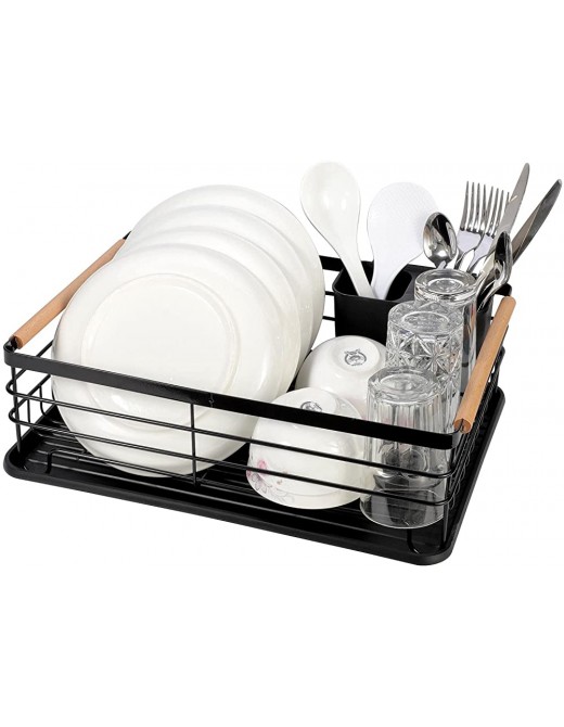 Vinsani Deluxe Dish Drainer Drying Rack with Wooden Handles Drip Tray Draining Board and Removable Cutlery Holder Minimalist Dish Rack 42.5 x 30.5 x 14cm Black - B099XXMHPSG