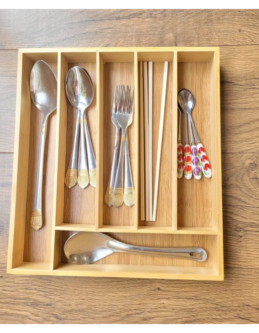 Bamboo Cutlery Organiser Tray Utensil Holder 6 Compartments Wood Drawer Storage Tidy - B09J56H1WVS