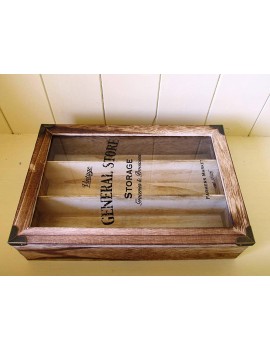 Shabby n Chic Rustic Style Wooden General Store Cutlery Box Tray with 3 Compartments.Glass Lid.Gift - B010E62BECU