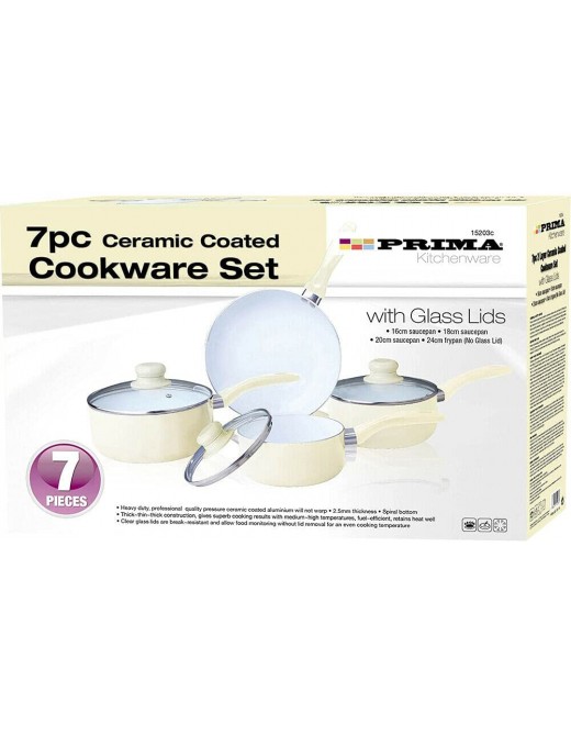 New 7PC Cream COOKWARE Set Saucepan Kitchen Non Stick Stainless Steel Ceramic - B0992JM1H1K