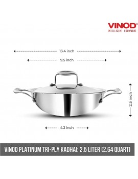 VINOD Extra Deep Platinum Tri Ply Kadai Wok Saucepan Induction Friendly Fry Pan for Home & Kitchen with Stainless Steel Lid 20cm 1.5 LTR - B0915M4645C