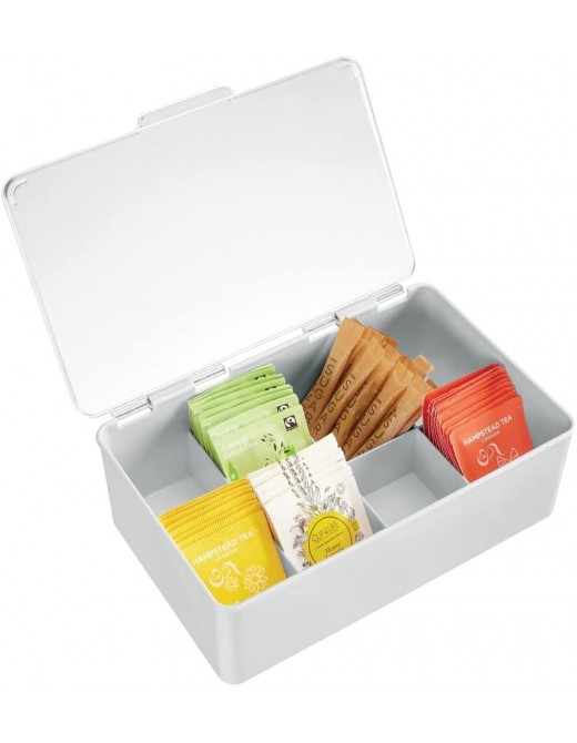 mDesign Plastic Kitchen Organiser — Practical Storage Box with 8 Compartments and Hinged Lid — Handy Box with Lid Ideal for Tea Coffee Spices and Other Foodstuffs — Light Grey Clear - B07W95LWWXH