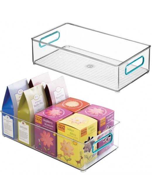 mDesign Set of 2 Plastic Storage Box – Deep Open-Top Refrigerator Storage Tray with Handle – Use as Fridge Tray Shelf Box or for Cupboard Storage – Clear Blue - B07N36Y6MKB