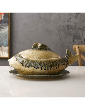 Ceramic casserole set casserole with lid and lid restaurant soup tureen soup tureen heat resistant saucepan retro clay pot for fish soup yellow 40x19.5cm 16x8in - B097913J95F